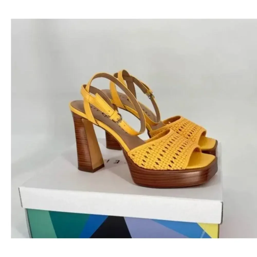 Katy Perry Platform Block Heels Woven Steady Ankle Strap Sandals Yellow 11 M New - Picture 2 of 7